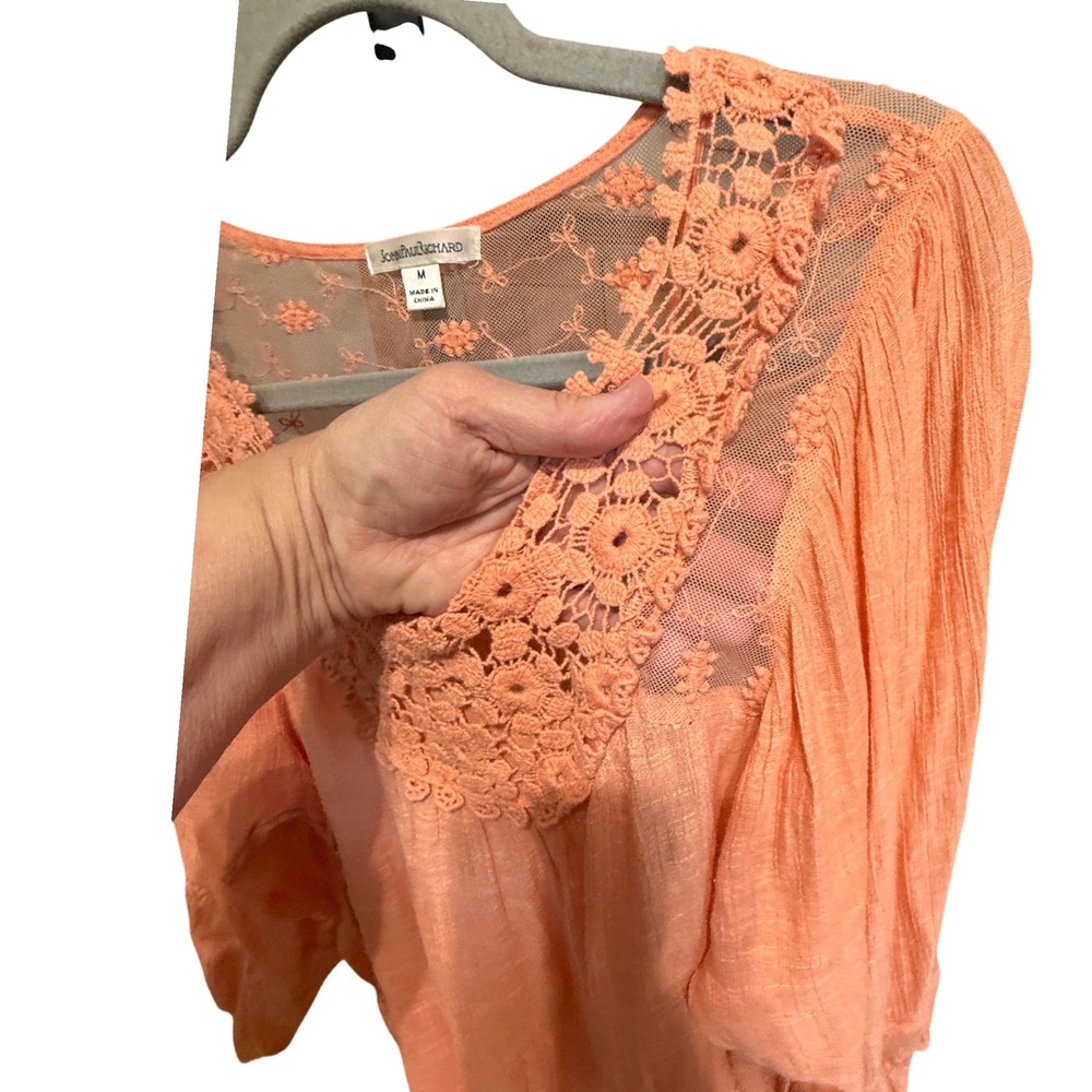 John Paul Richard Blouse Crochet Lace Boho M Orange Excellent 3/4 Sleeve Gauze - Picture 3 of 5